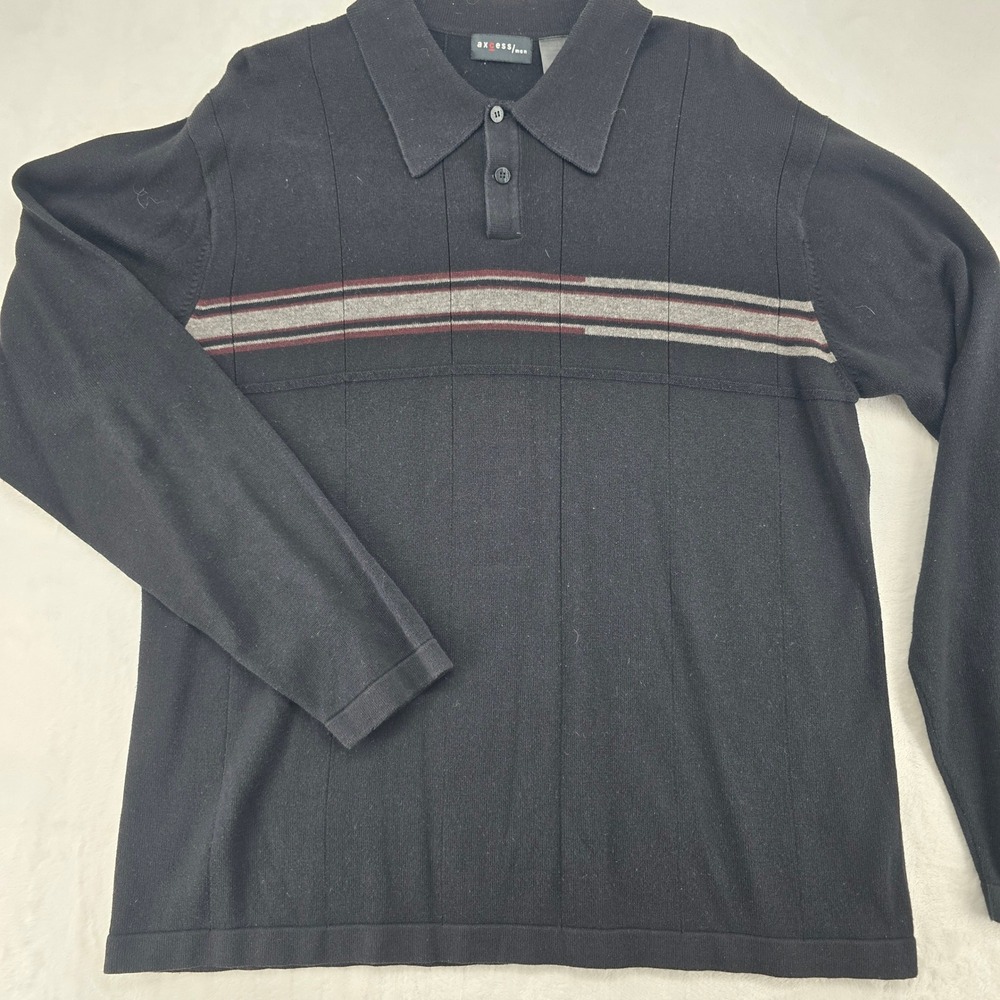 Axcess Sweater Mens Large Polo Shirt Black Striped‎ Long Sleeve Knit Cotton